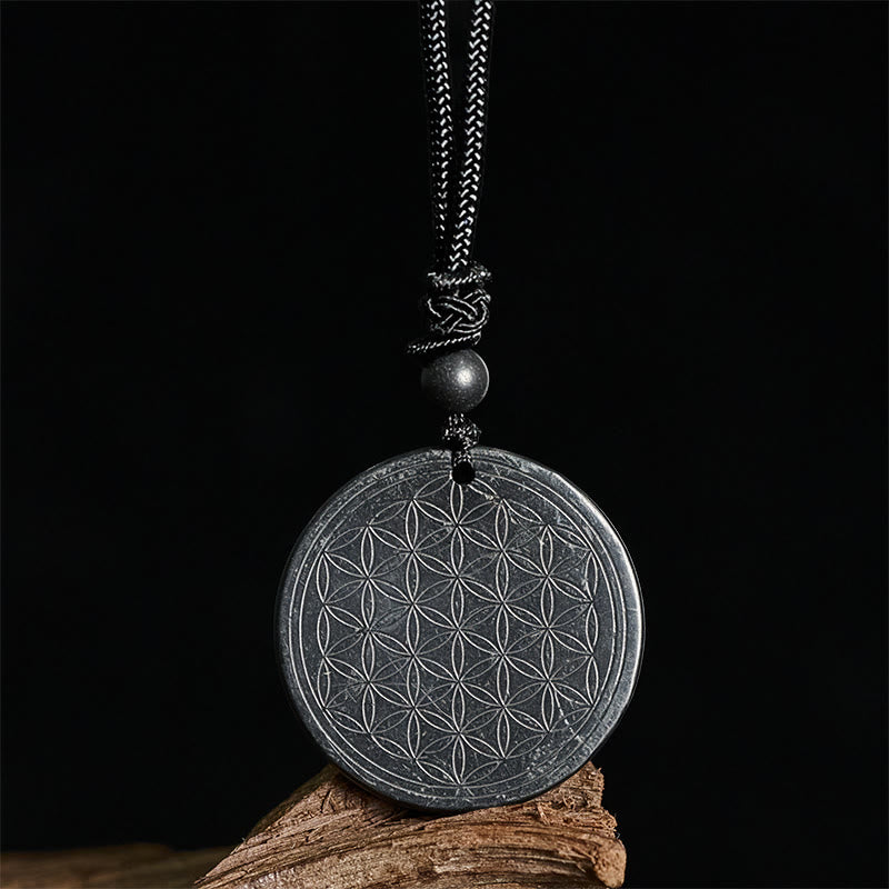 Wear FengShui Flower of Life Carving Design Authentic Shungite Stone Protection Necklace Pendant