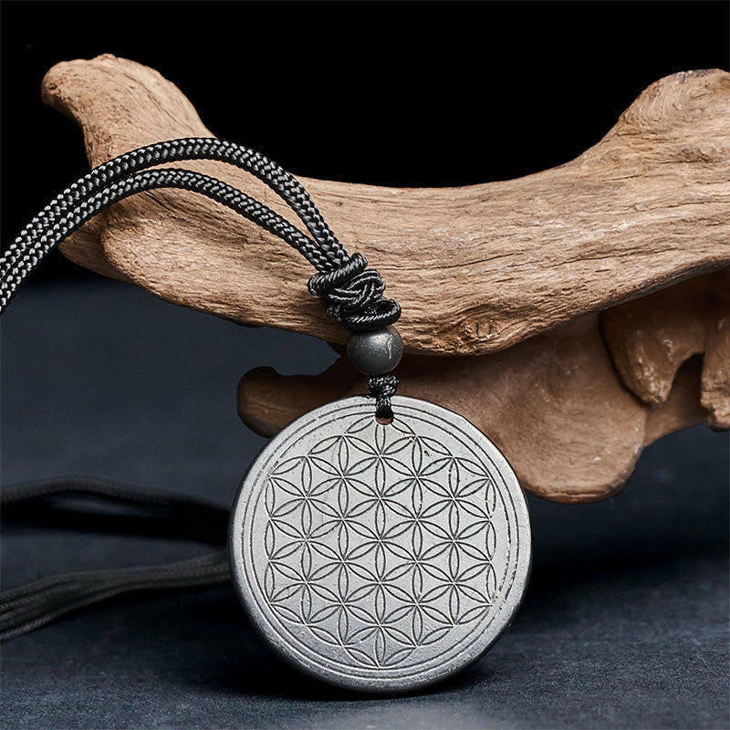 Wear FengShui Flower of Life Carving Design Authentic Shungite Stone Protection Necklace Pendant