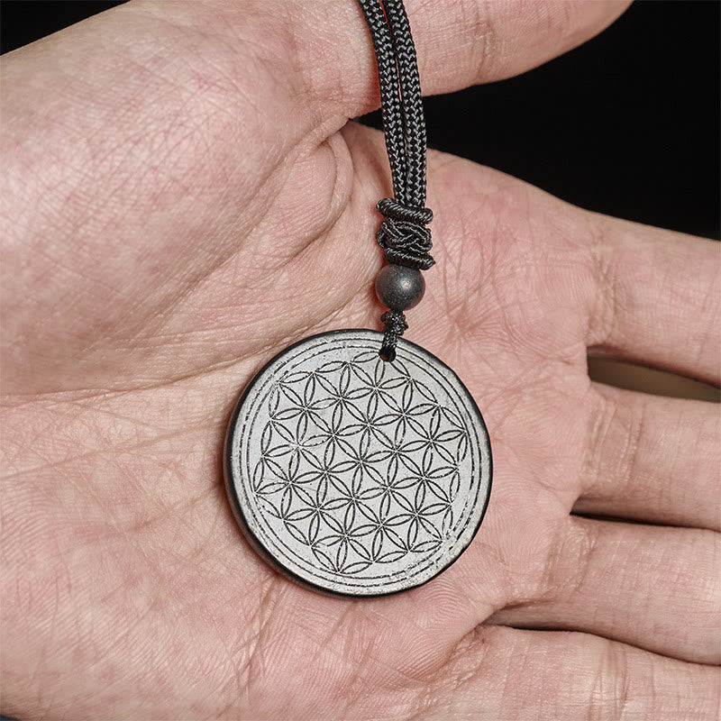 Wear FengShui Flower of Life Carving Design Authentic Shungite Stone Protection Necklace Pendant
