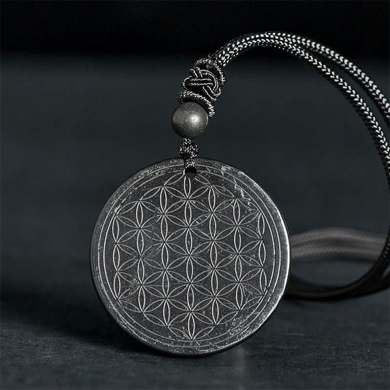 Wear FengShui Flower of Life Carving Design Authentic Shungite Stone Protection Necklace Pendant