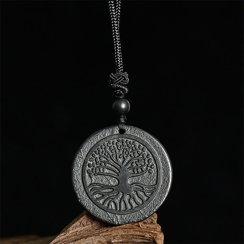 Wear FengShui The Tree of Life Carving Pattern Authentic Shungite Stone Protection Necklace Pendant