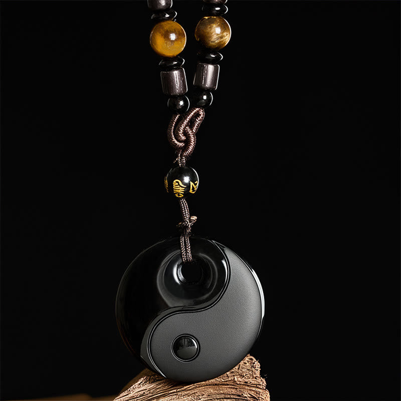 Wear FengShui Yin Yang Symbol Om Mani Padme Hum Black Obsidian Strength Necklace Pendant