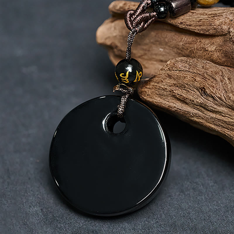Wear FengShui Yin Yang Symbol Om Mani Padme Hum Black Obsidian Strength Necklace Pendant
