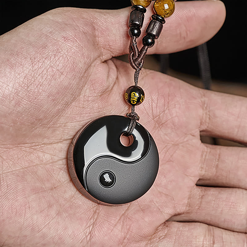 Wear FengShui Yin Yang Symbol Om Mani Padme Hum Black Obsidian Strength Necklace Pendant