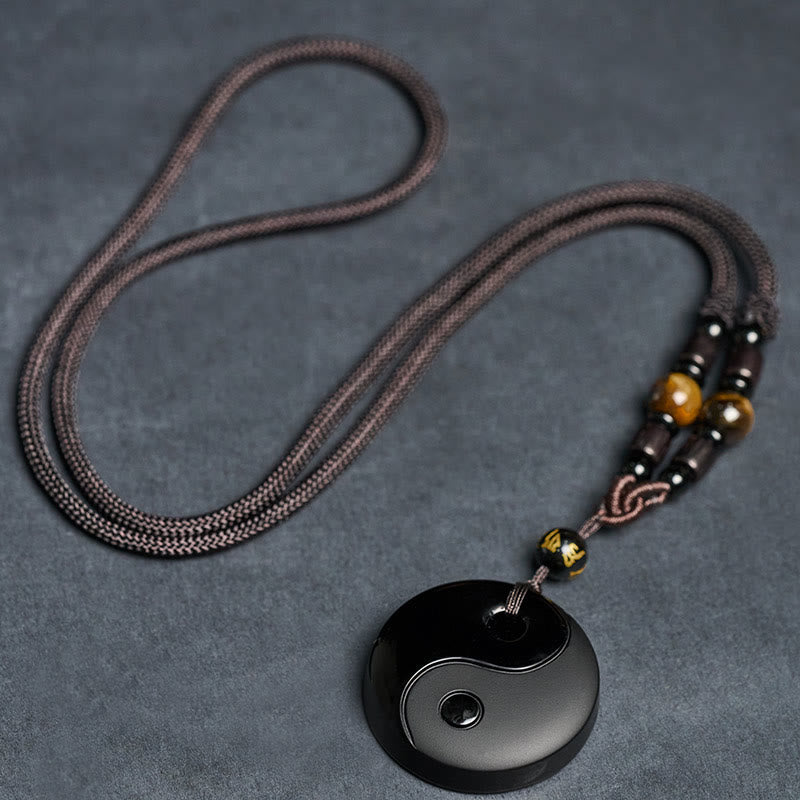 Wear FengShui Yin Yang Symbol Om Mani Padme Hum Black Obsidian Strength Necklace Pendant