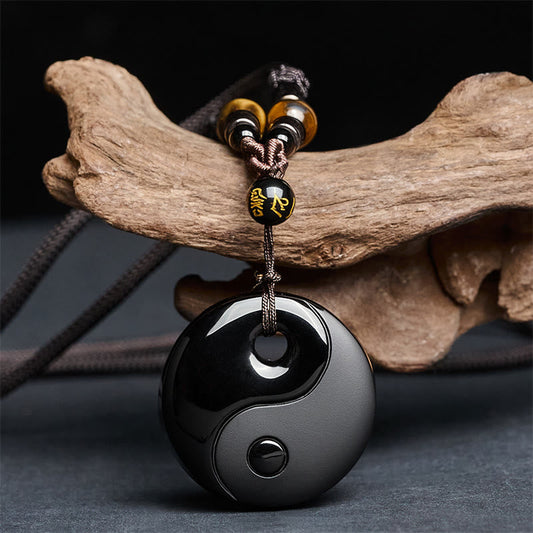 Wear FengShui Yin Yang Symbol Om Mani Padme Hum Black Obsidian Strength Necklace Pendant