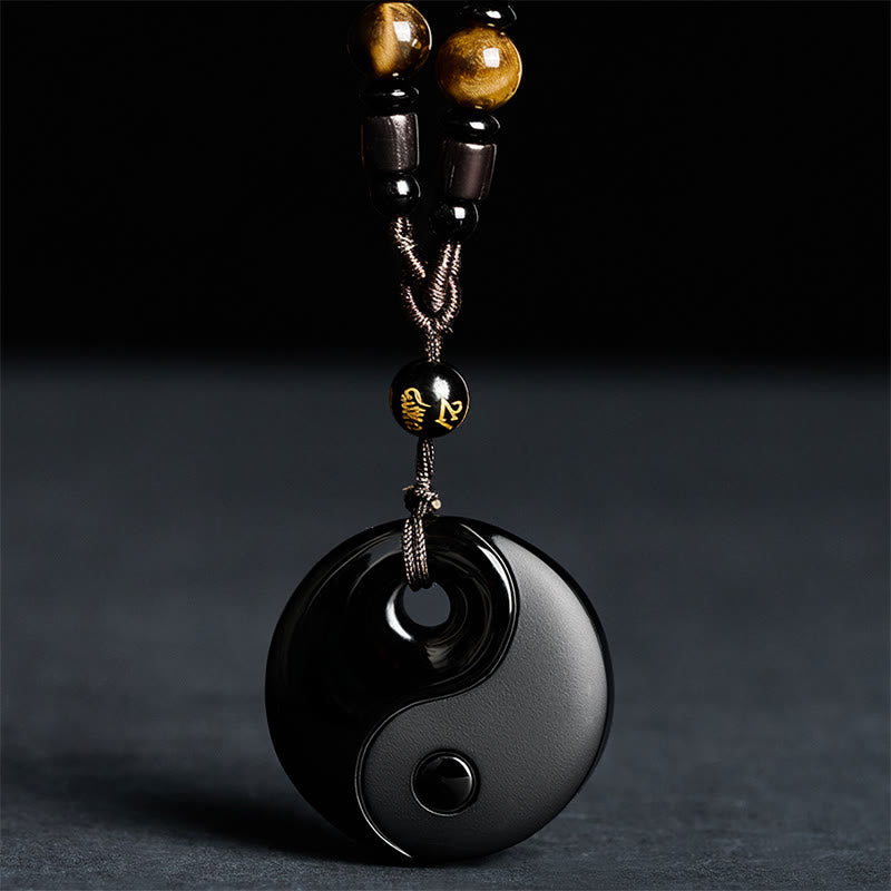 Wear FengShui Yin Yang Symbol Om Mani Padme Hum Black Obsidian Strength Necklace Pendant
