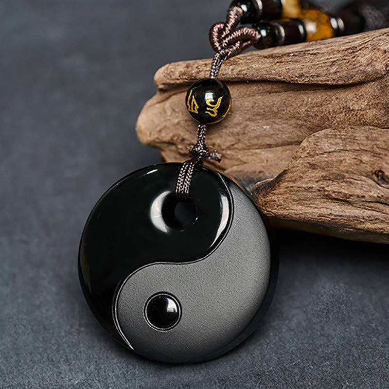 Wear FengShui Yin Yang Symbol Om Mani Padme Hum Black Obsidian Strength Necklace Pendant