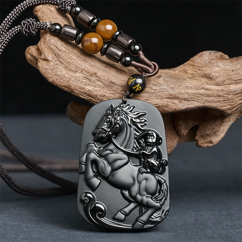 Wear FengShui Year of the Horse Monkey Pattern Om Mani Padme Hum Black Obsidian Strength Necklace Pendant
