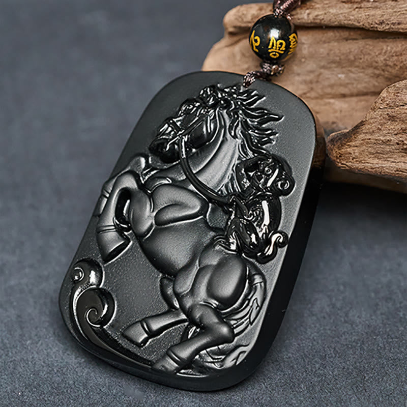 Wear FengShui Year of the Horse Monkey Pattern Om Mani Padme Hum Black Obsidian Strength Necklace Pendant