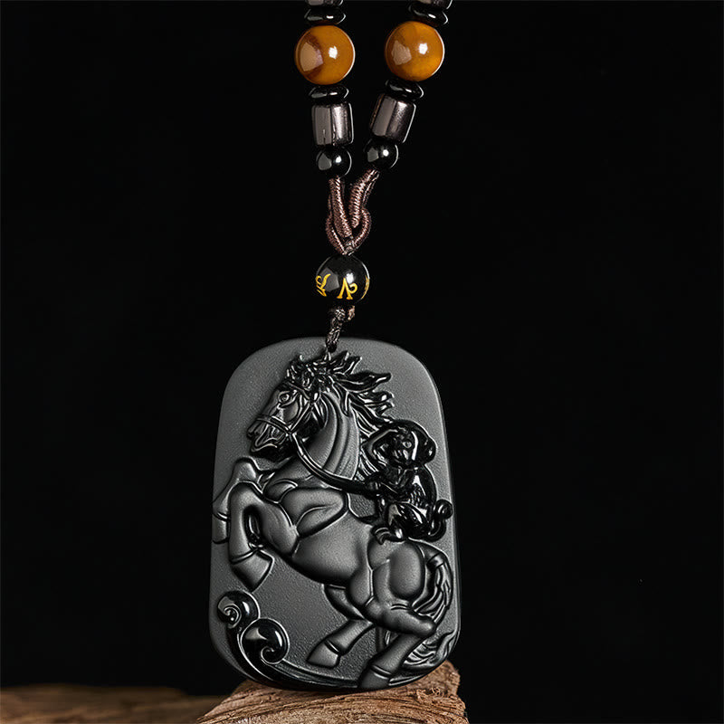 Wear FengShui Year of the Horse Monkey Pattern Om Mani Padme Hum Black Obsidian Strength Necklace Pendant