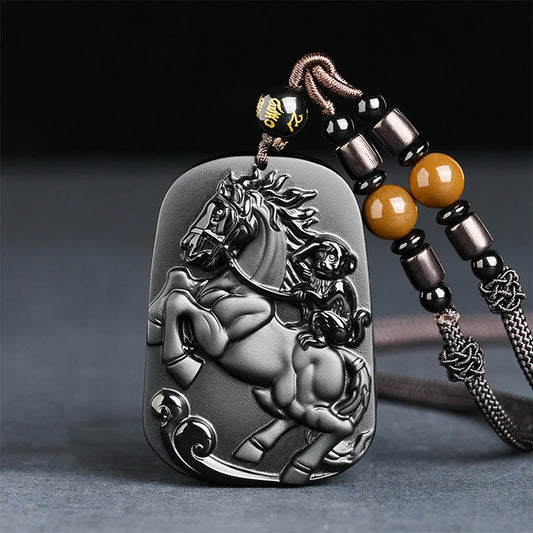 Wear FengShui Year of the Horse Monkey Pattern Om Mani Padme Hum Black Obsidian Strength Necklace Pendant