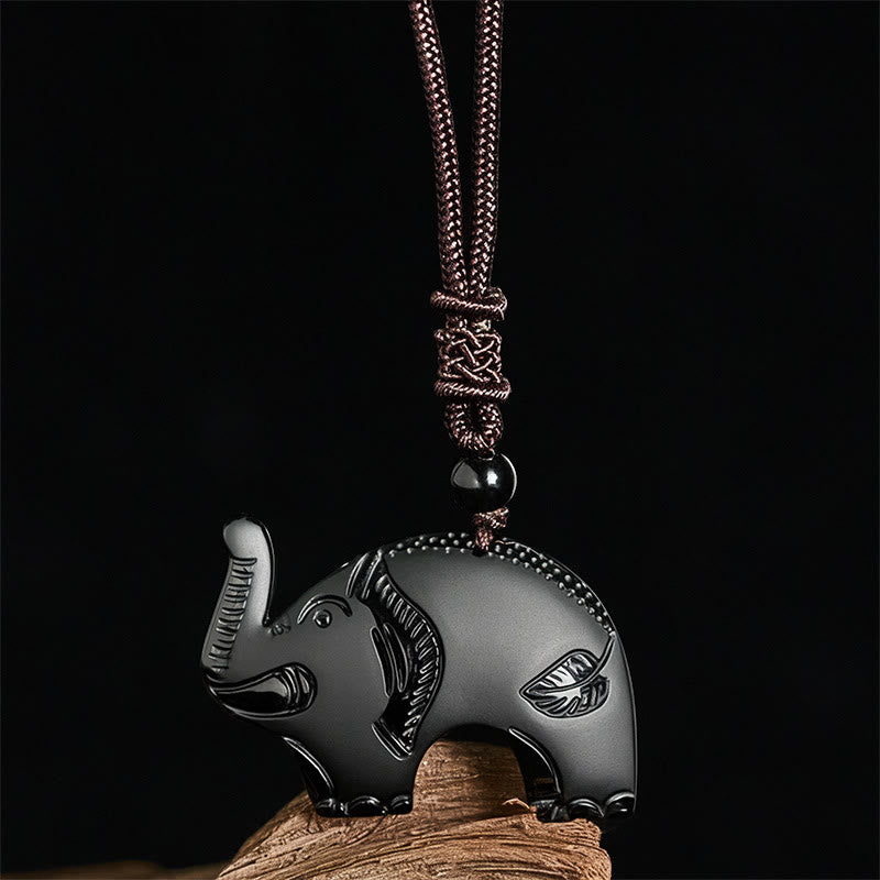 Wear FengShui Elephant Symbol Carved Design Black Obsidian Strength Necklace Pendant