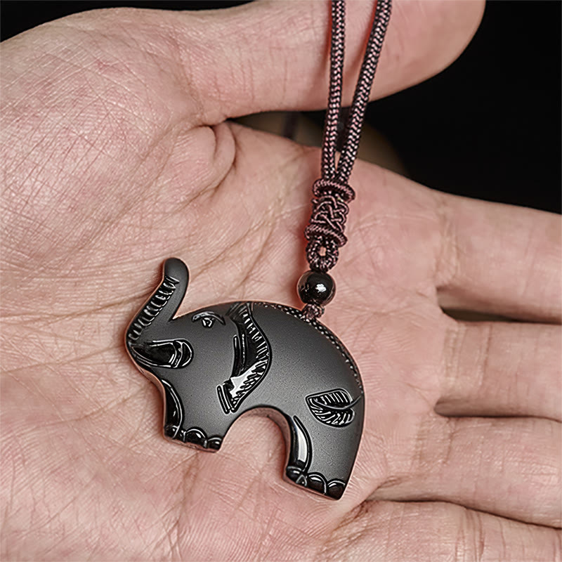 Wear FengShui Elephant Symbol Carved Design Black Obsidian Strength Necklace Pendant