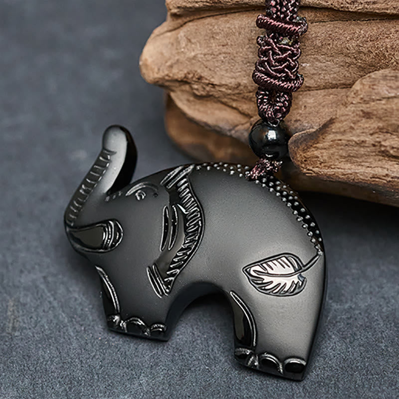 Wear FengShui Elephant Symbol Carved Design Black Obsidian Strength Necklace Pendant