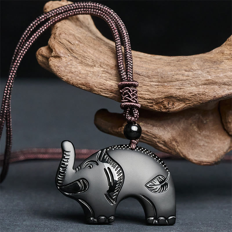 Wear FengShui Elephant Symbol Carved Design Black Obsidian Strength Necklace Pendant