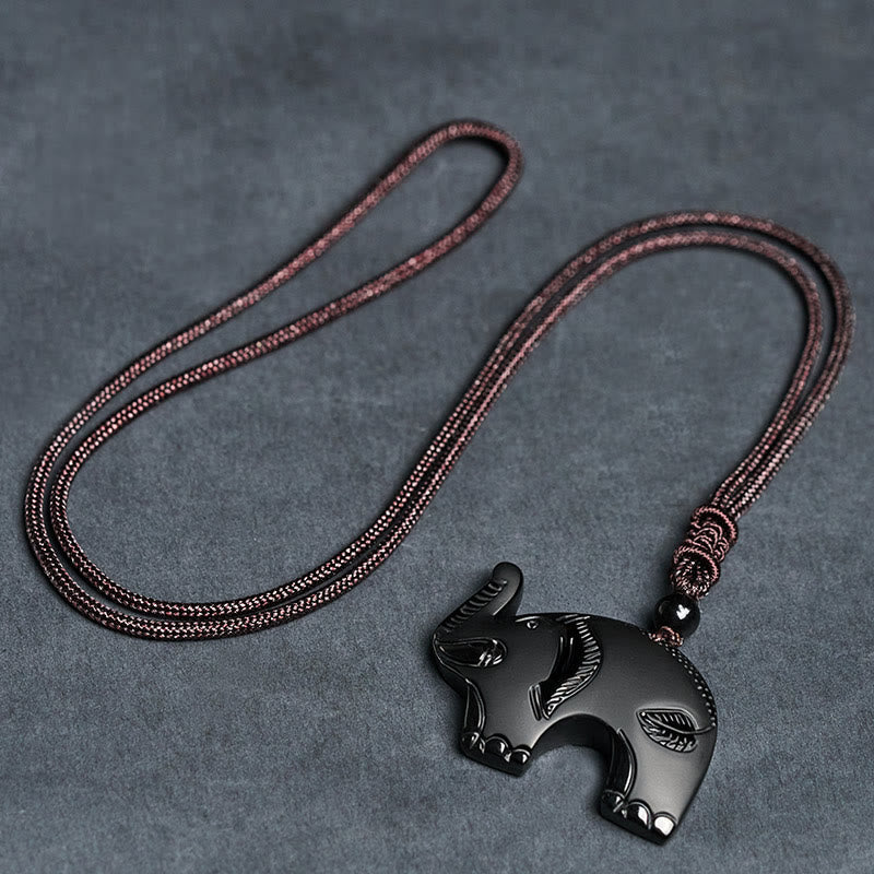 Wear FengShui Elephant Symbol Carved Design Black Obsidian Strength Necklace Pendant