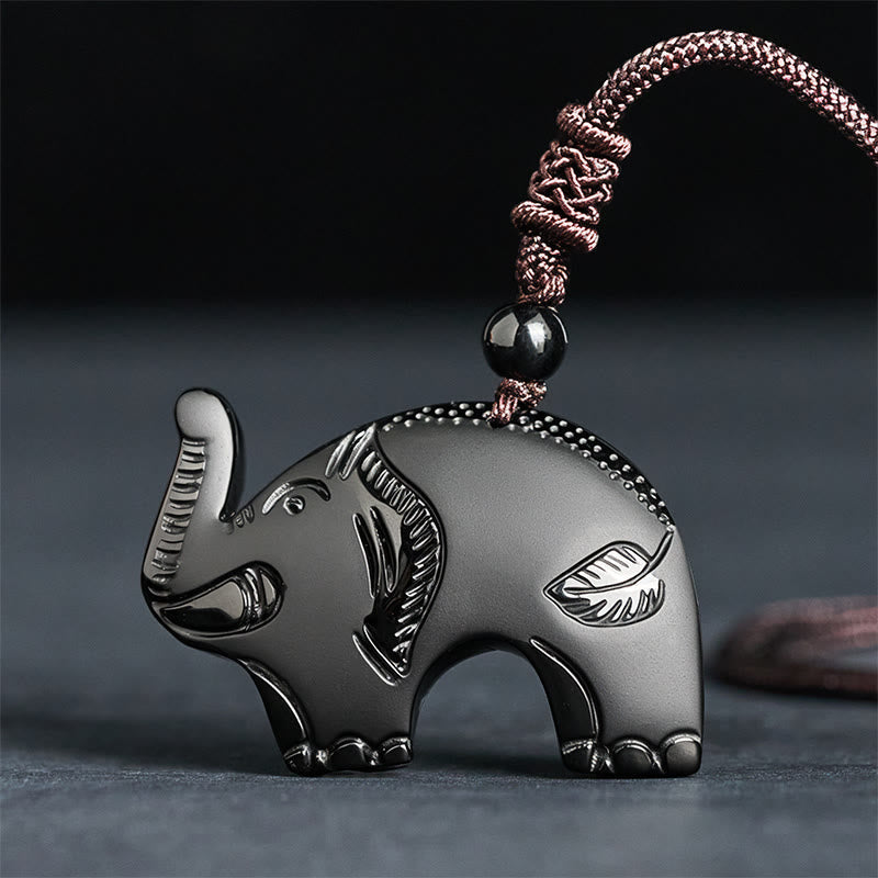 Wear FengShui Elephant Symbol Carved Design Black Obsidian Strength Necklace Pendant