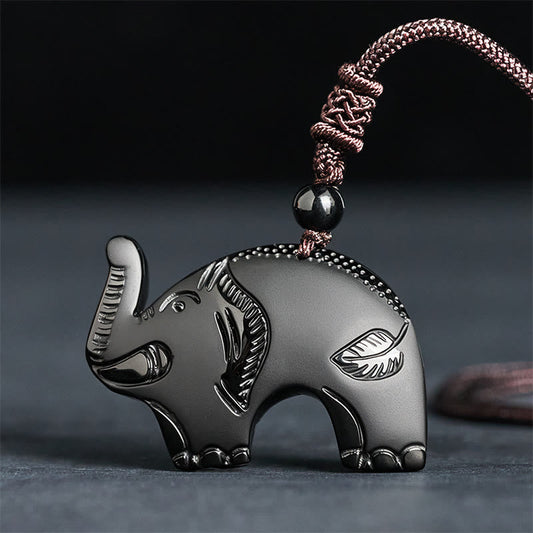 Wear FengShui Elephant Symbol Carved Design Black Obsidian Strength Necklace Pendant