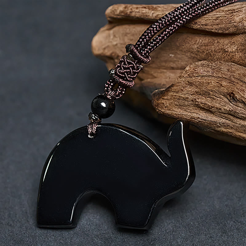 Wear FengShui Elephant Symbol Carved Design Black Obsidian Strength Necklace Pendant