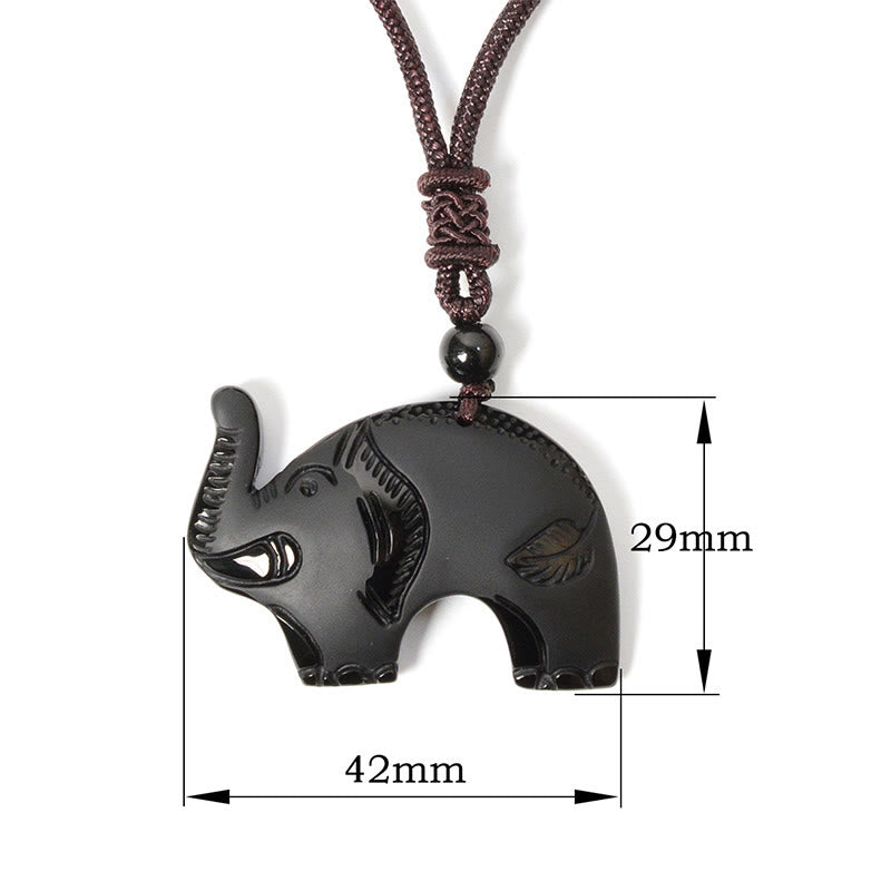 Wear FengShui Elephant Symbol Carved Design Black Obsidian Strength Necklace Pendant
