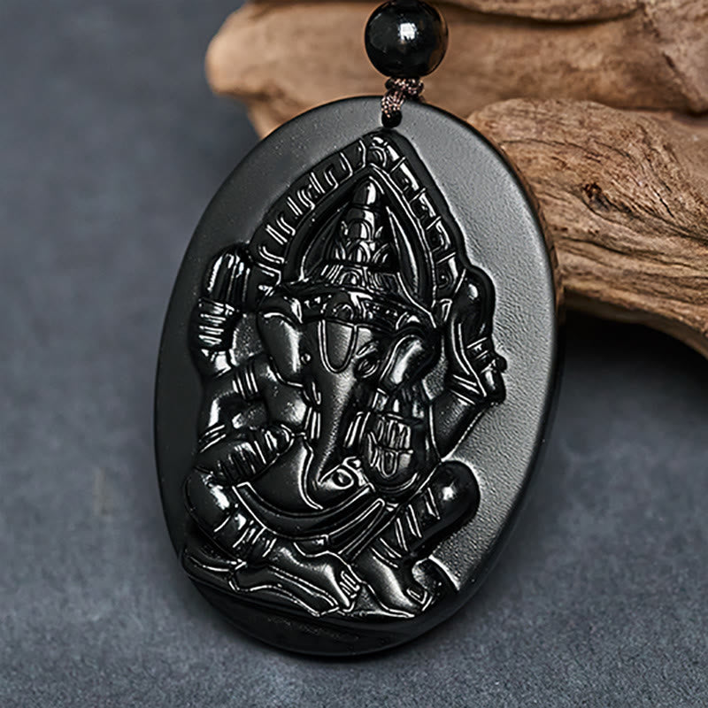 Wear FengShui Ganesh Elephant Relief Design Natural Black Obsidian Strength Necklace Pendant