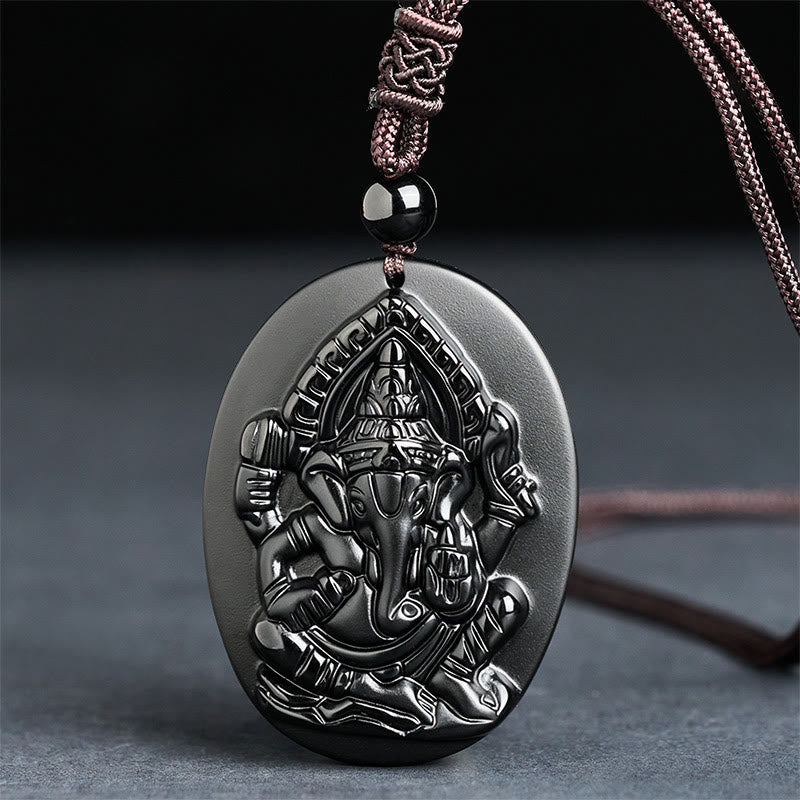 Wear FengShui Ganesh Elephant Relief Design Natural Black Obsidian Strength Necklace Pendant