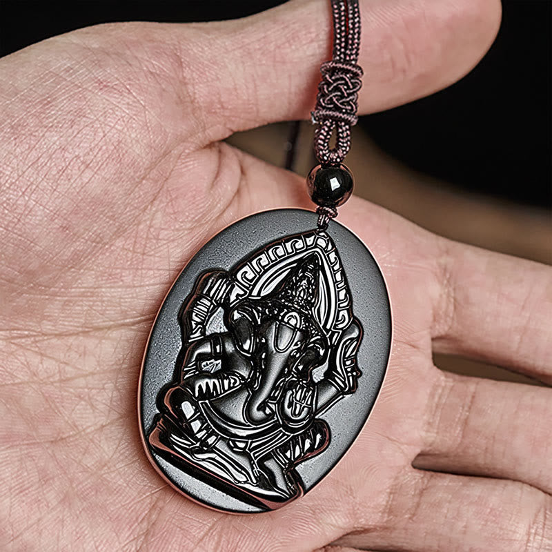 Wear FengShui Ganesh Elephant Relief Design Natural Black Obsidian Strength Necklace Pendant