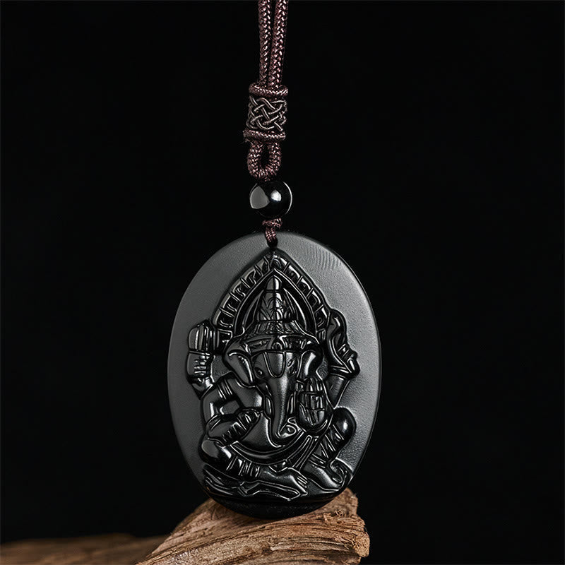 Wear FengShui Ganesh Elephant Relief Design Natural Black Obsidian Strength Necklace Pendant