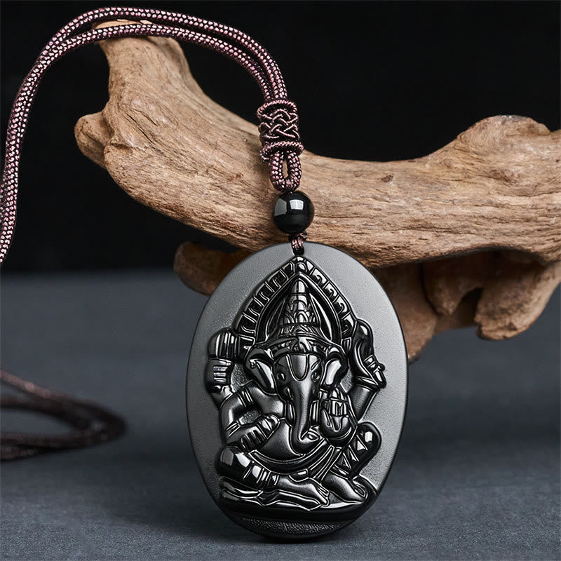 Wear FengShui Ganesh Elephant Relief Design Natural Black Obsidian Strength Necklace Pendant