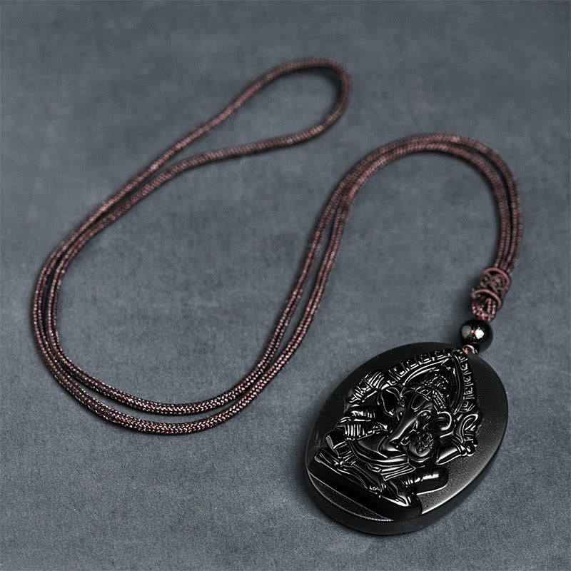 Wear FengShui Ganesh Elephant Relief Design Natural Black Obsidian Strength Necklace Pendant