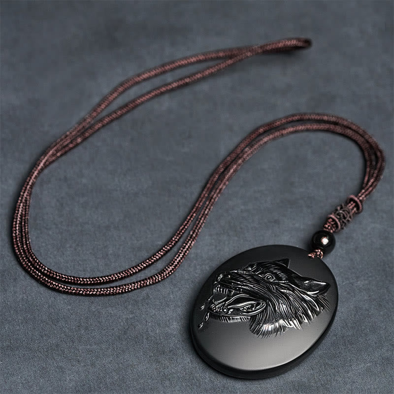 Wear FengShui Wolf Head Natural Black Obsidian Strength Necklace Pendant