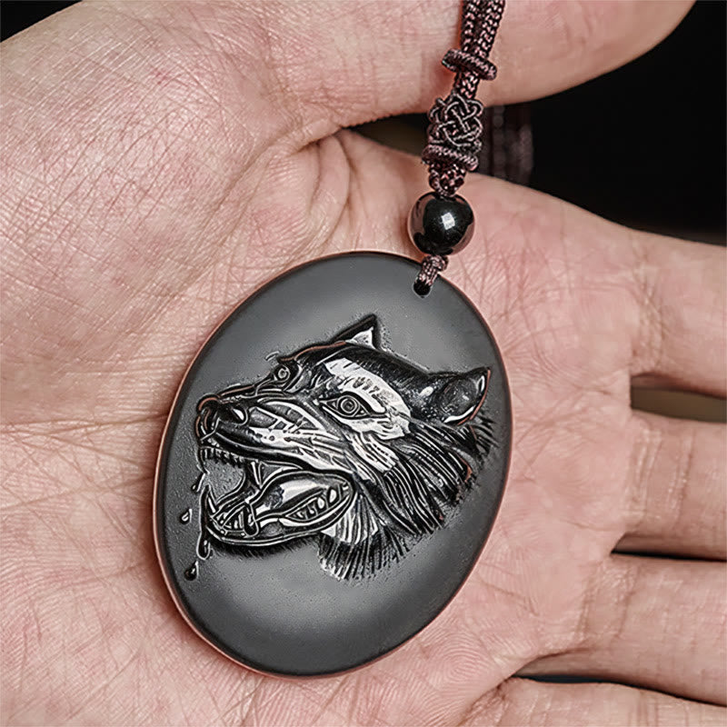 Wear FengShui Wolf Head Natural Black Obsidian Strength Necklace Pendant