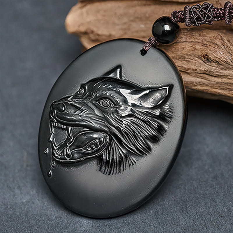 Wear FengShui Wolf Head Natural Black Obsidian Strength Necklace Pendant