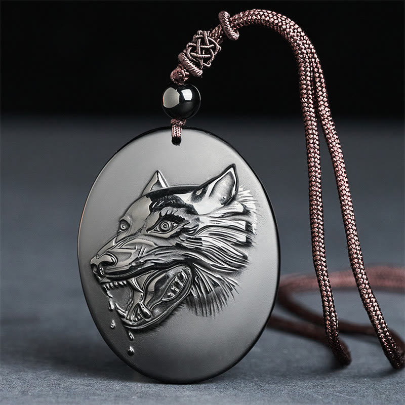 Wear FengShui Wolf Head Natural Black Obsidian Strength Necklace Pendant