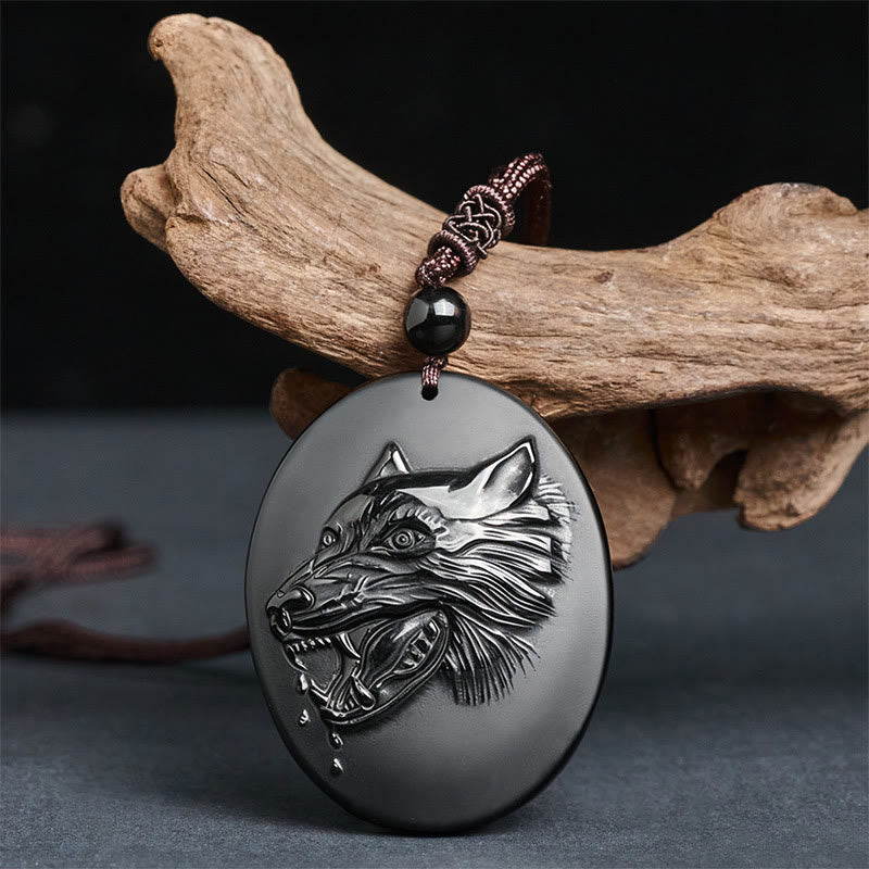 Wear FengShui Wolf Head Natural Black Obsidian Strength Necklace Pendant