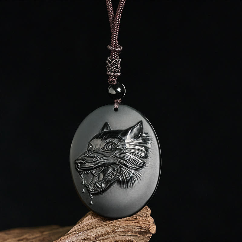 Wear FengShui Wolf Head Natural Black Obsidian Strength Necklace Pendant