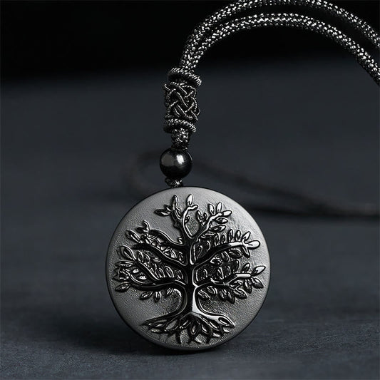 Buddha Stones Natural The Tree of Life Pattern Black Obsidian Transformation Necklace Pendant