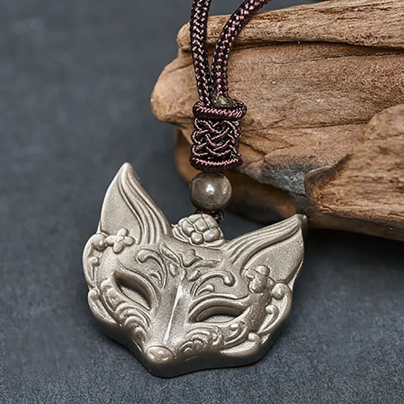 Wear FengShui Relief Fox Design Silver Sheen Obsidian Ice Obsidian Protection Necklace Pendant