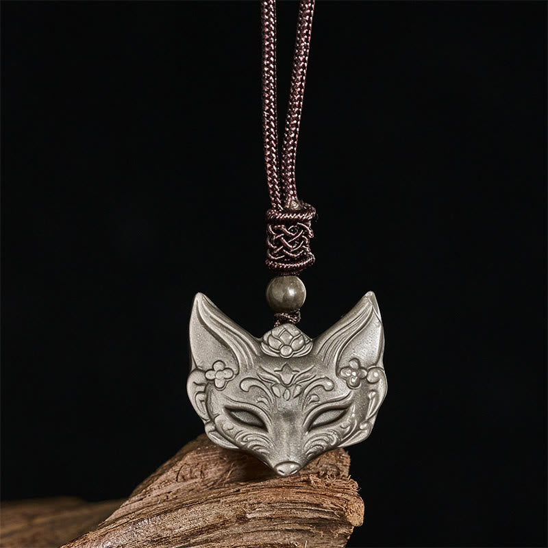 Wear FengShui Relief Fox Design Silver Sheen Obsidian Ice Obsidian Protection Necklace Pendant