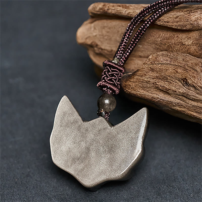 Wear FengShui Relief Fox Design Silver Sheen Obsidian Ice Obsidian Protection Necklace Pendant