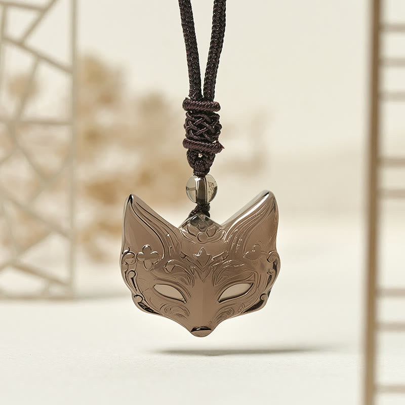 Wear FengShui Relief Fox Design Silver Sheen Obsidian Ice Obsidian Protection Necklace Pendant