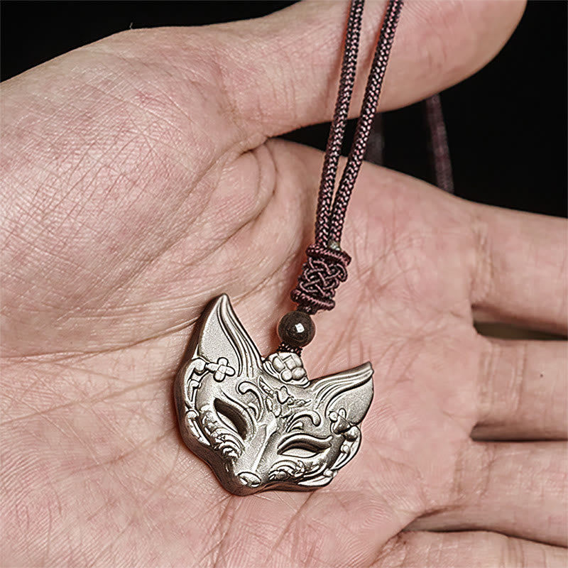 Wear FengShui Relief Fox Design Silver Sheen Obsidian Ice Obsidian Protection Necklace Pendant
