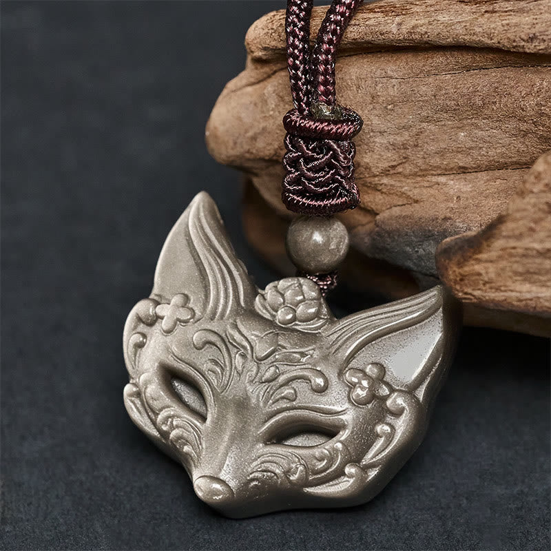 Wear FengShui Relief Fox Design Silver Sheen Obsidian Ice Obsidian Protection Necklace Pendant