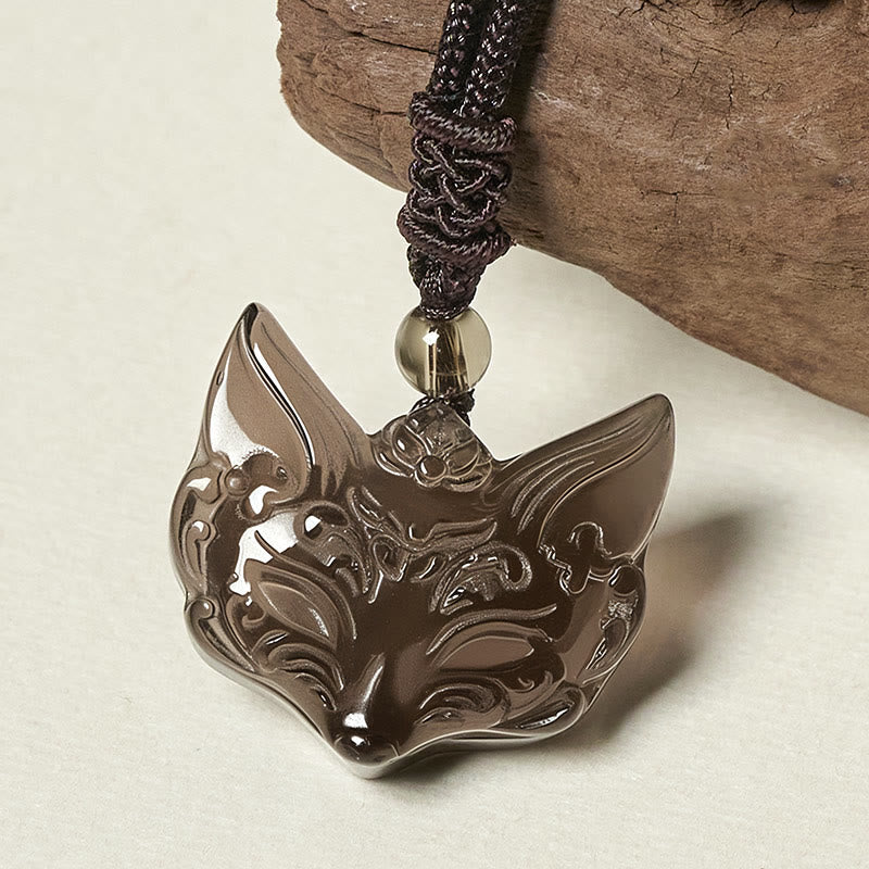 Wear FengShui Relief Fox Design Silver Sheen Obsidian Ice Obsidian Protection Necklace Pendant