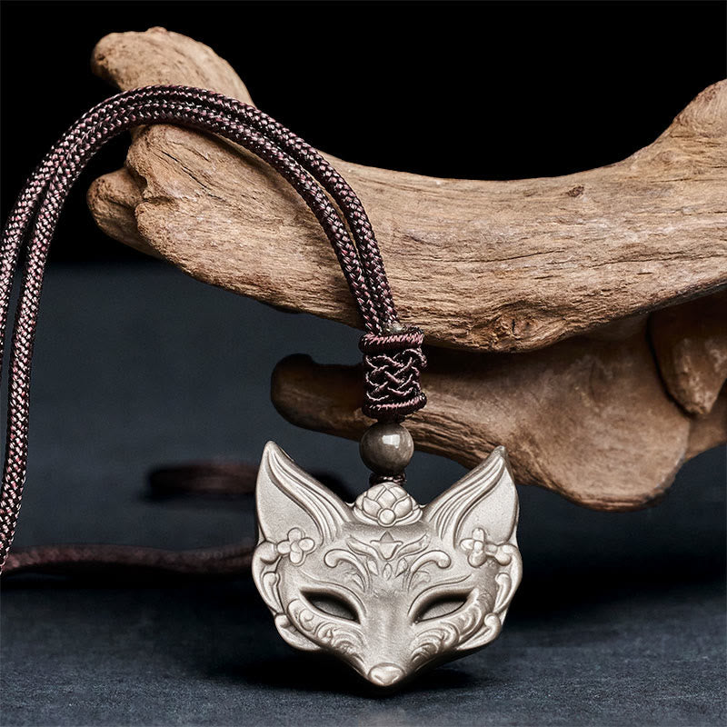 Wear FengShui Relief Fox Design Silver Sheen Obsidian Ice Obsidian Protection Necklace Pendant