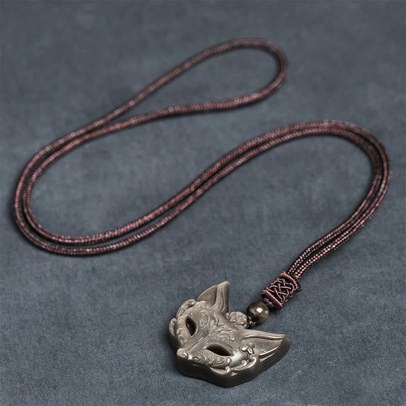 Wear FengShui Relief Fox Design Silver Sheen Obsidian Ice Obsidian Protection Necklace Pendant