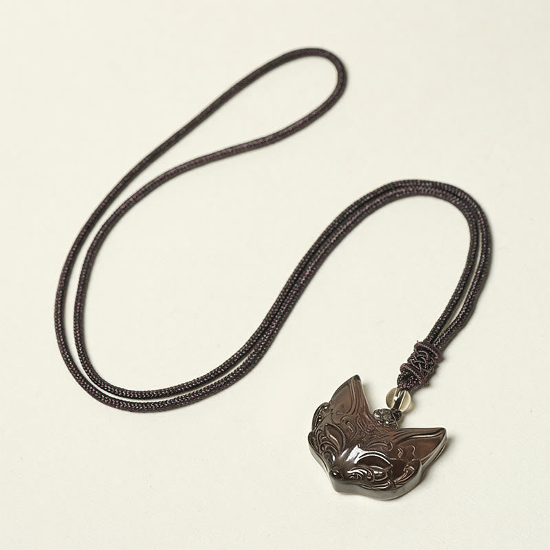 Wear FengShui Relief Fox Design Silver Sheen Obsidian Ice Obsidian Protection Necklace Pendant