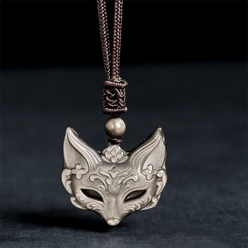 Wear FengShui Relief Fox Design Silver Sheen Obsidian Ice Obsidian Protection Necklace Pendant