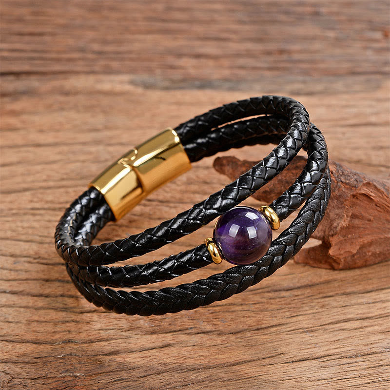 Wear FengShui Multicolored Bead Green Tiger Eye Amethyst Craved Six True Words Leather Balance Bracelet